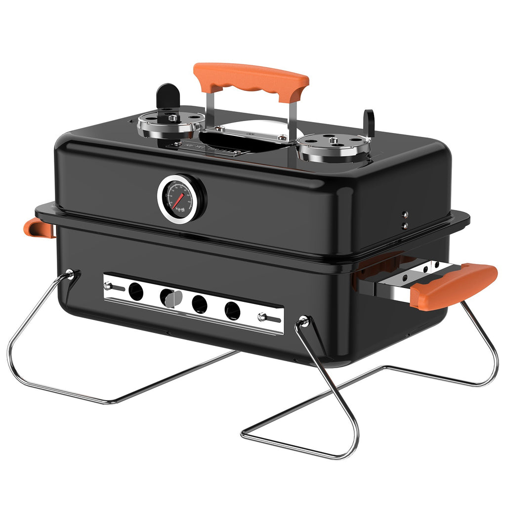 KEYO GRILL Tabletop Charcoal Grill with Thermometer & Chimney, Portable BBQ for Outdoor Camping,Black