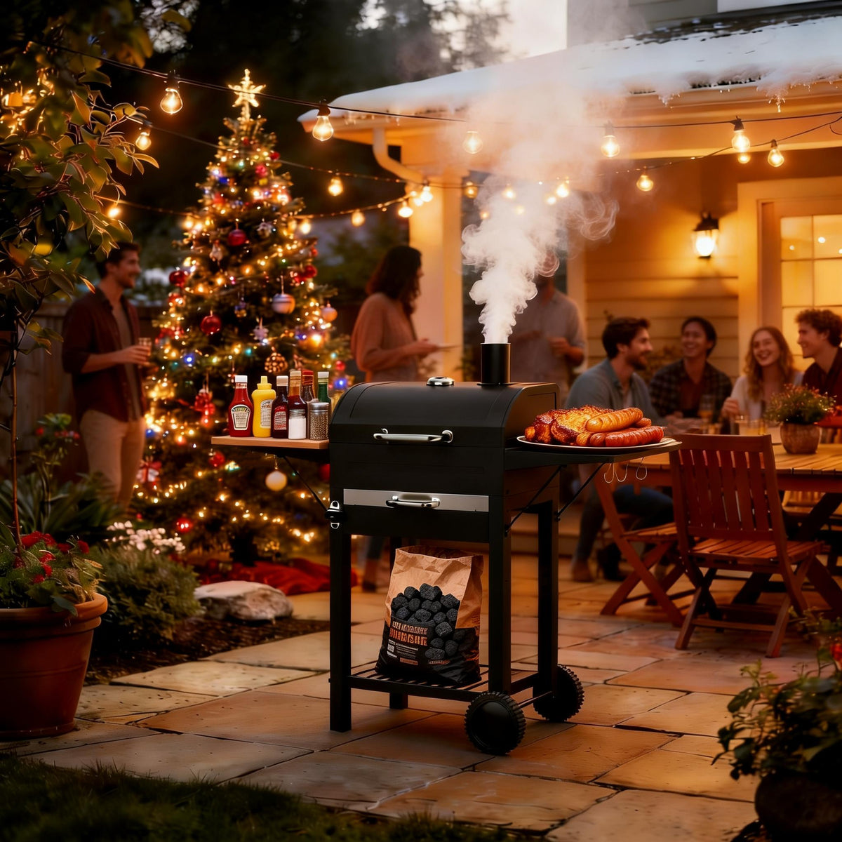 KEYO GRILL Charcoal Grill with Two Side Tables, Removable Ash Pan & Warming Rack, Black