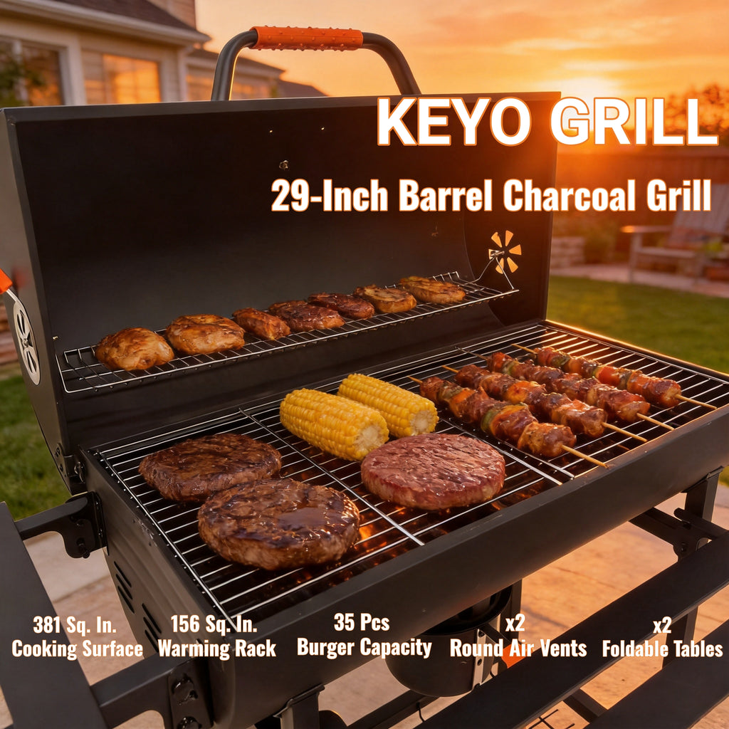 KEYO GRILL Barrel Charcoal Grill with  537 SQ in Cooking Area, Foldable Side Shelf, Removable Ash Pan for Backyard