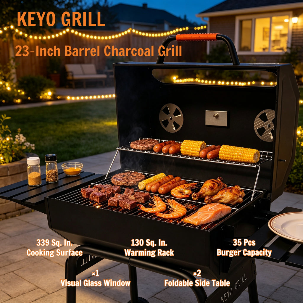 KEYO GRILL 22" Charcoal Grill with Glass Window, 469 Sq. in. Cooking Area, Foldable Side Shelf for Backyard, Black (No ratings yet)