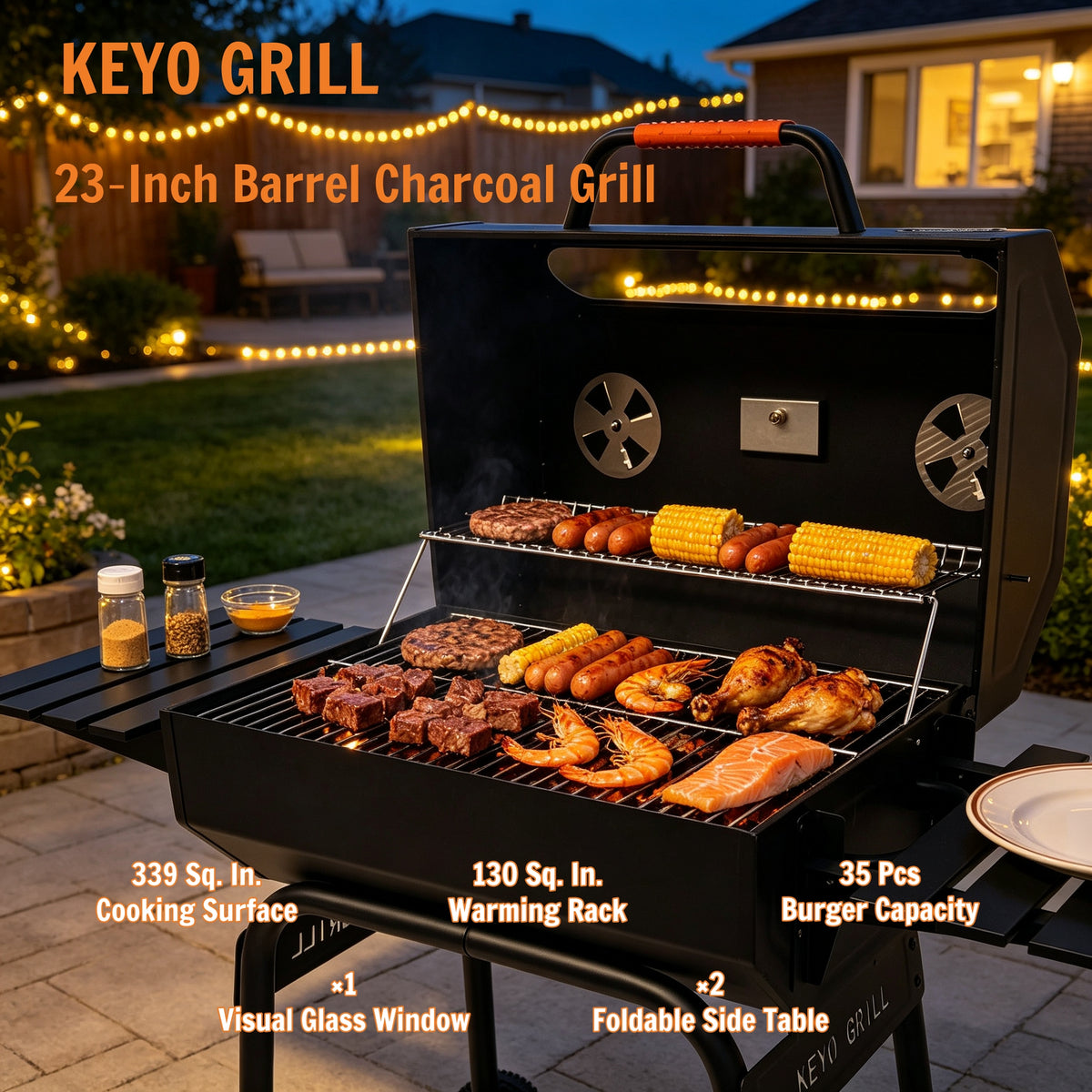 KEYO GRILL 22" Charcoal Grill with Glass Window, 469 Sq. in. Cooking Area, Foldable Side Shelf for Backyard, Black (No ratings yet)