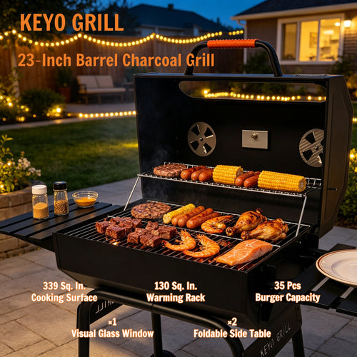 KEYO GRILL 22" Charcoal Grill with Glass Window, 469 Sq. in. Cooking Area, Foldable Side Shelf for Backyard, Black (No ratings yet)