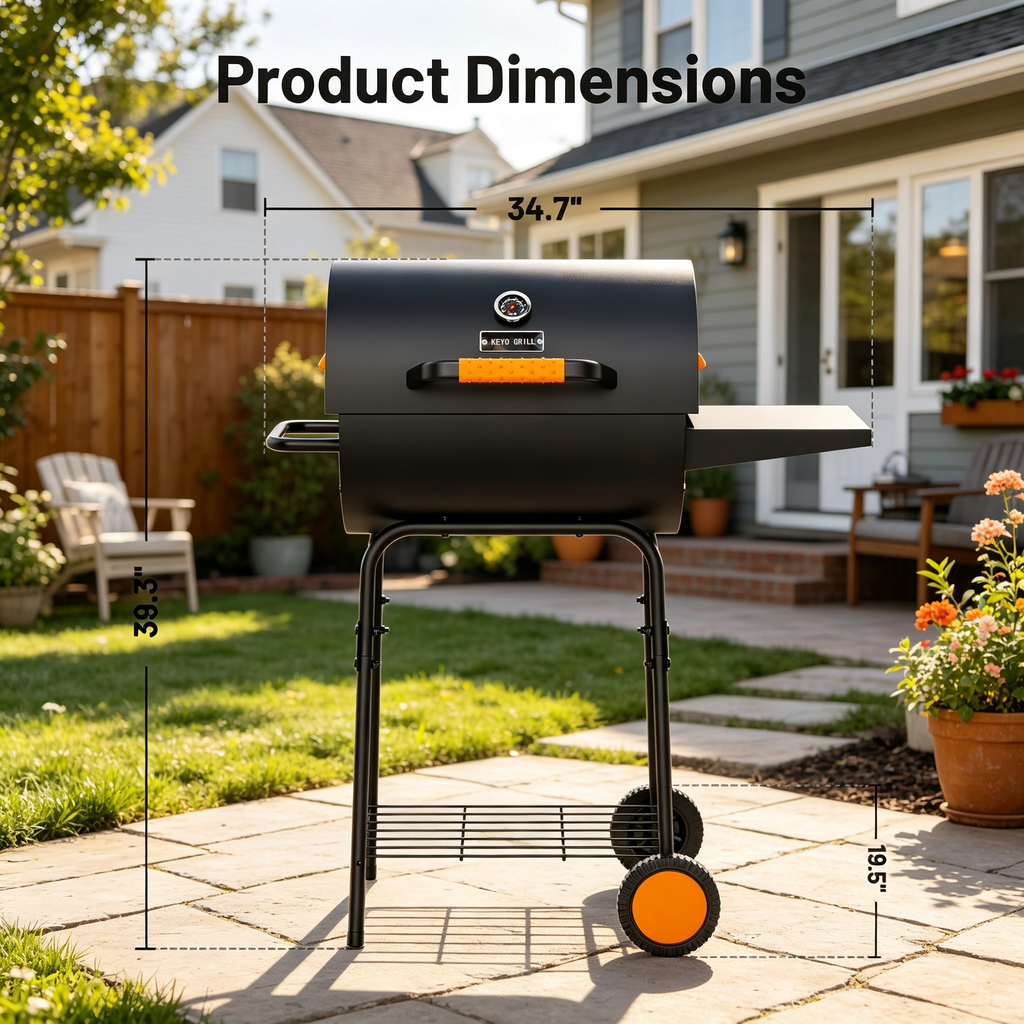 KEYO GRILL 20 Inch Barrel Charcoal Grill, Height Adjustable Charcoal Pan & Warming Rack for Backyard Patio
