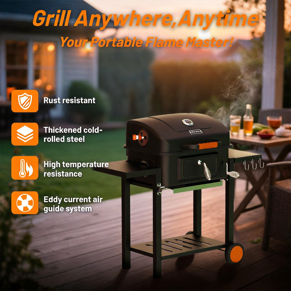 KEYO GRILL Large Charcoal Grill with Foldable Side Tables,Height-Adjustable Pan&Charcoal Door for Backyard,Black