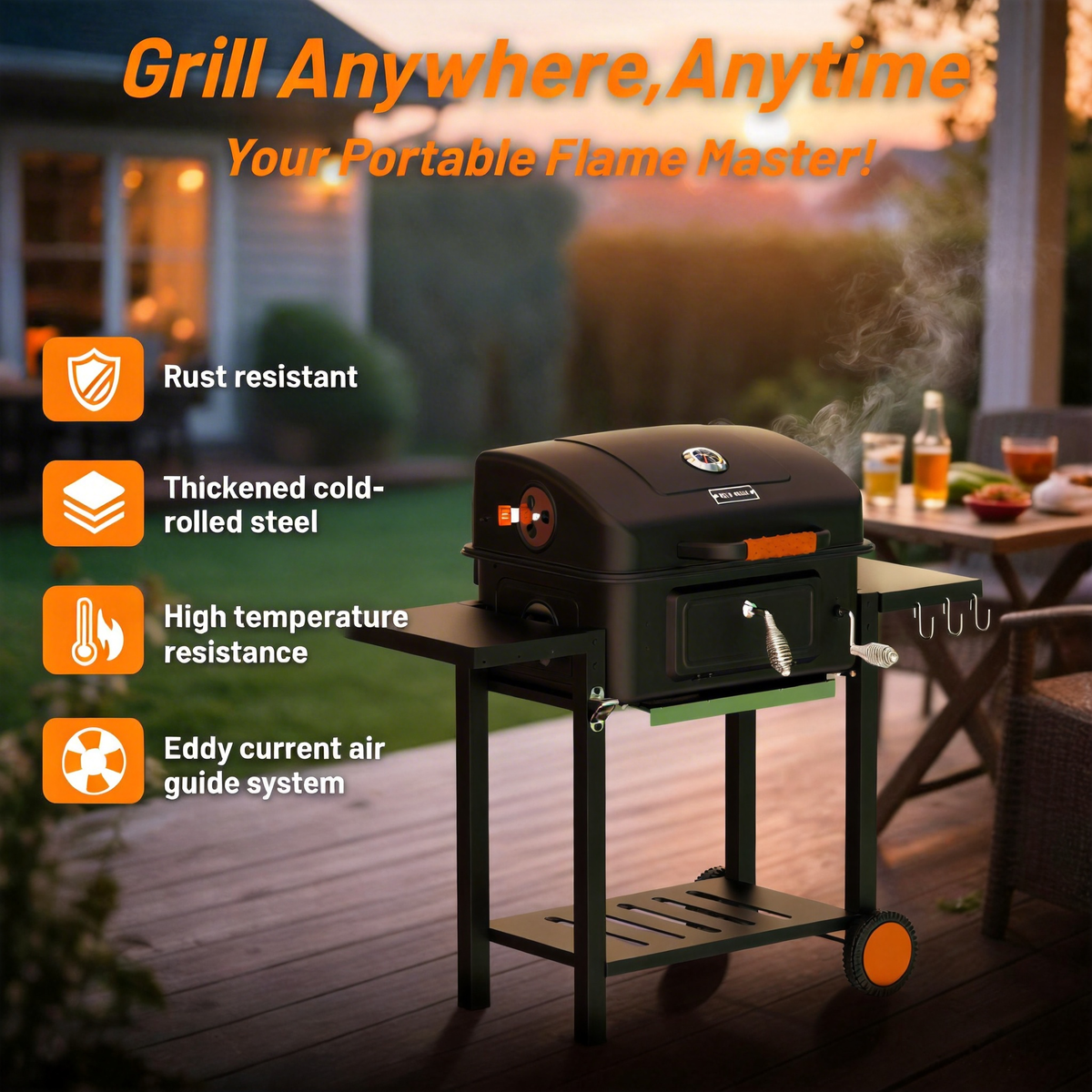 KEYO GRILL Large Charcoal Grill with Foldable Side Tables,Height-Adjustable Pan&Charcoal Door for Backyard,Black