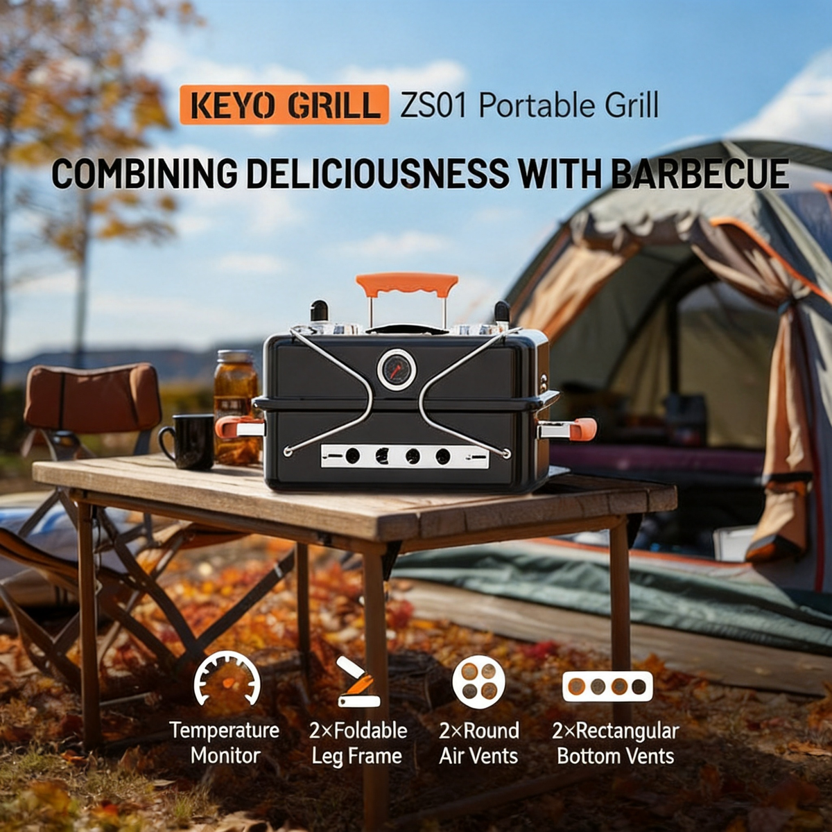 KEYO GRILL Tabletop Charcoal Grill with Thermometer & Chimney, Portable BBQ for Outdoor Camping,Black