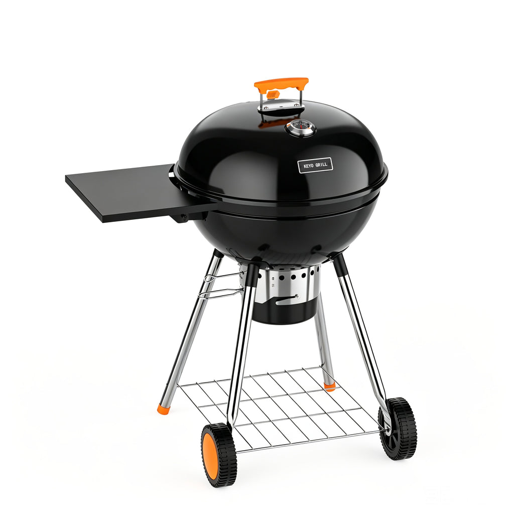 KEYO GRILL 21" Kettle Charcoal Grill with Enamel Coating, Foldable Side Table, Removable Ash Catcher, Black