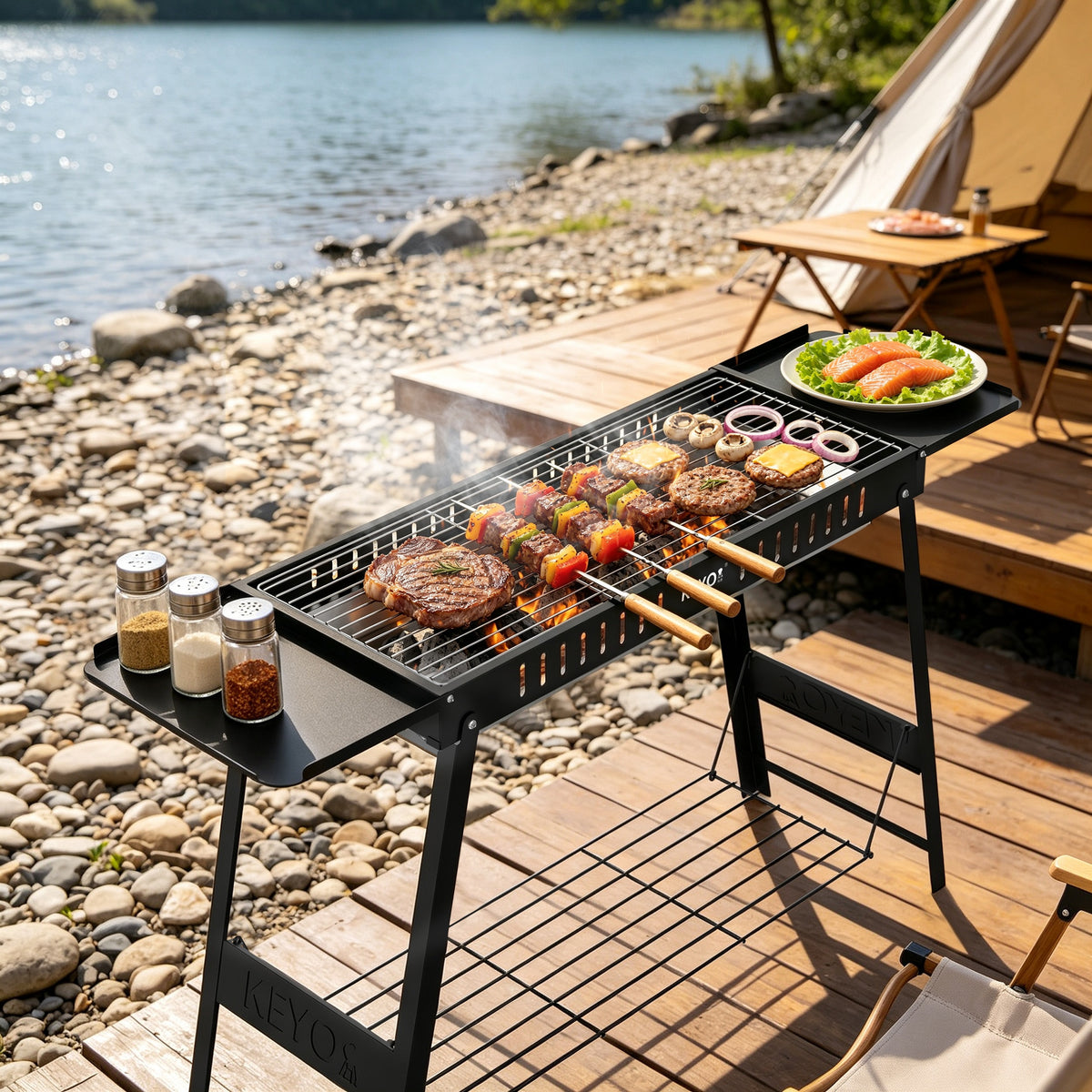 KEYO GRILL 31'' Foldable Portable Charcoal BBQ Grill for Outdoor Cooking, Camping & Tailgating, Black