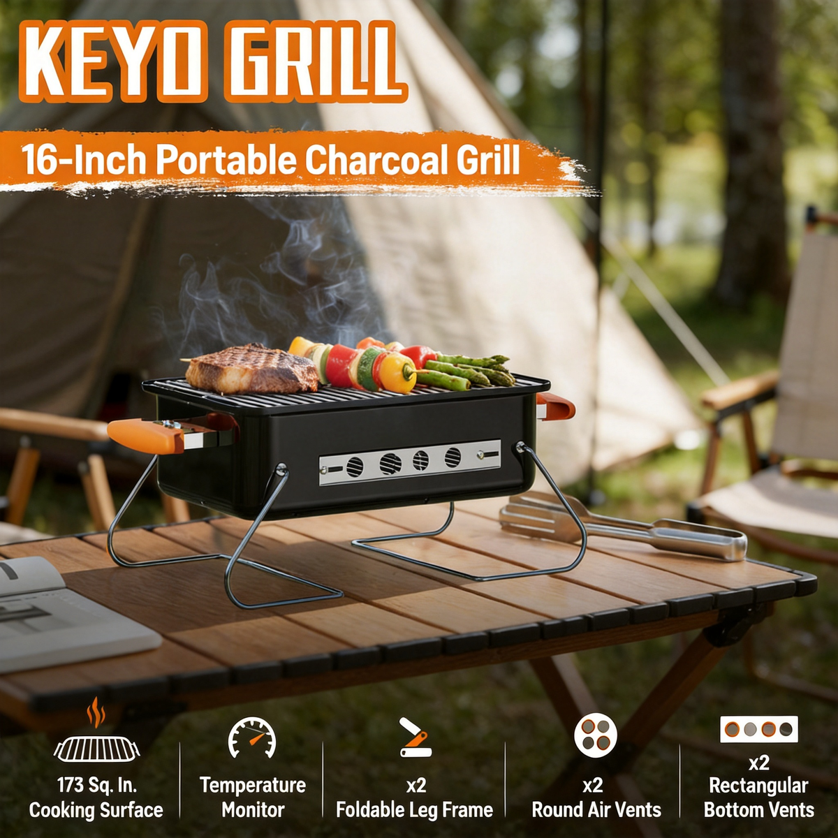 KEYO GRILL Tabletop Charcoal Grill with Thermometer & Chimney, Portable BBQ for Outdoor Camping,Black