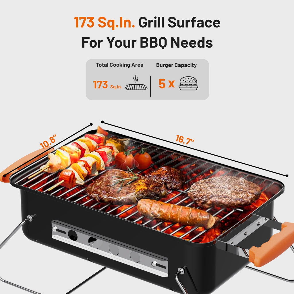 KEYO GRILL Tabletop Charcoal Grill with Thermometer & Chimney, Portable BBQ for Outdoor Camping,Black