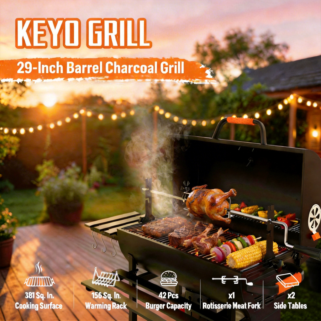 KEYO GRILL Large Charcoal Grill with Foldable Table, Rotisserie & Dual-Zone Charcoal Pans, Black