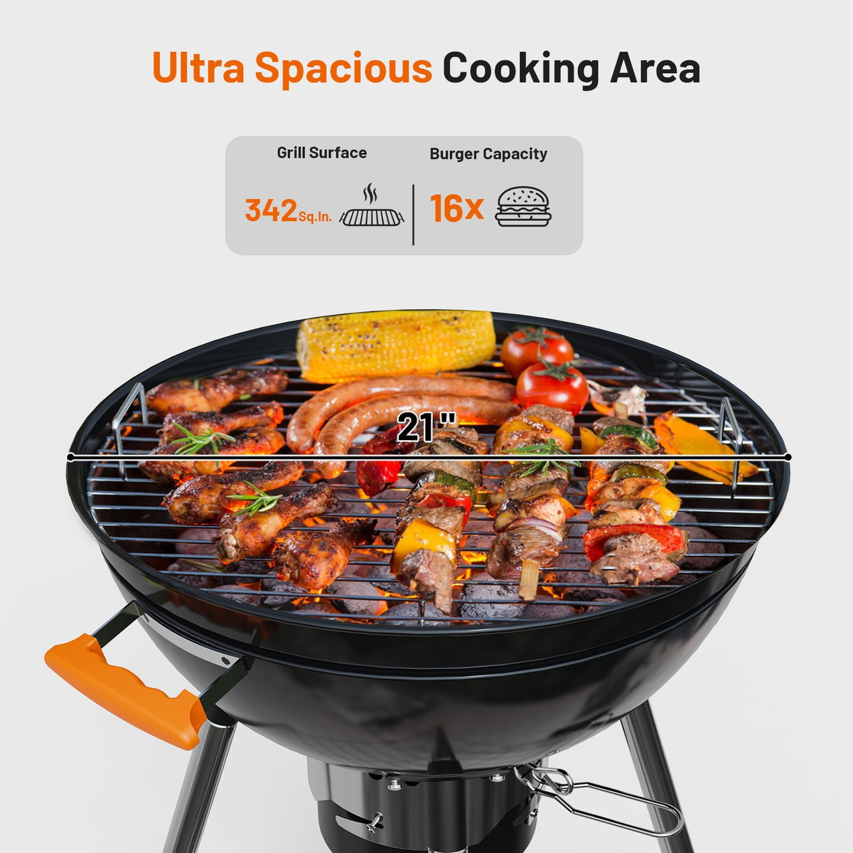 KEYO GRILL 21 in. Kettle Charcoal Grill with Removable Ash Catcher & Side Table, Thermometer, Black