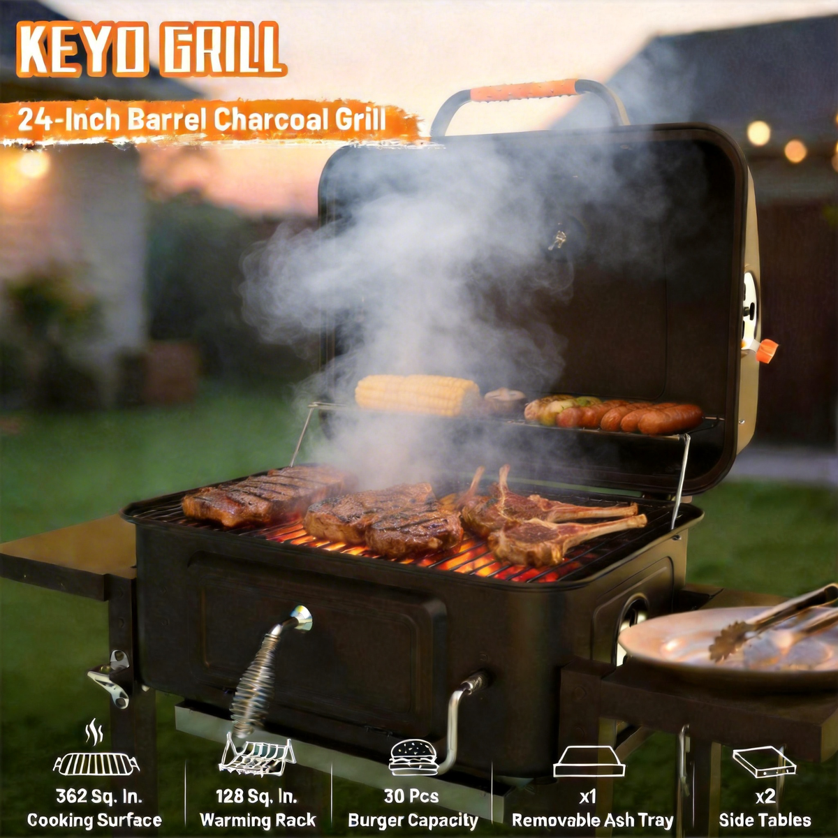 KEYO GRILL Large Charcoal Grill with Foldable Side Tables,Height-Adjustable Pan&Charcoal Door for Backyard,Black