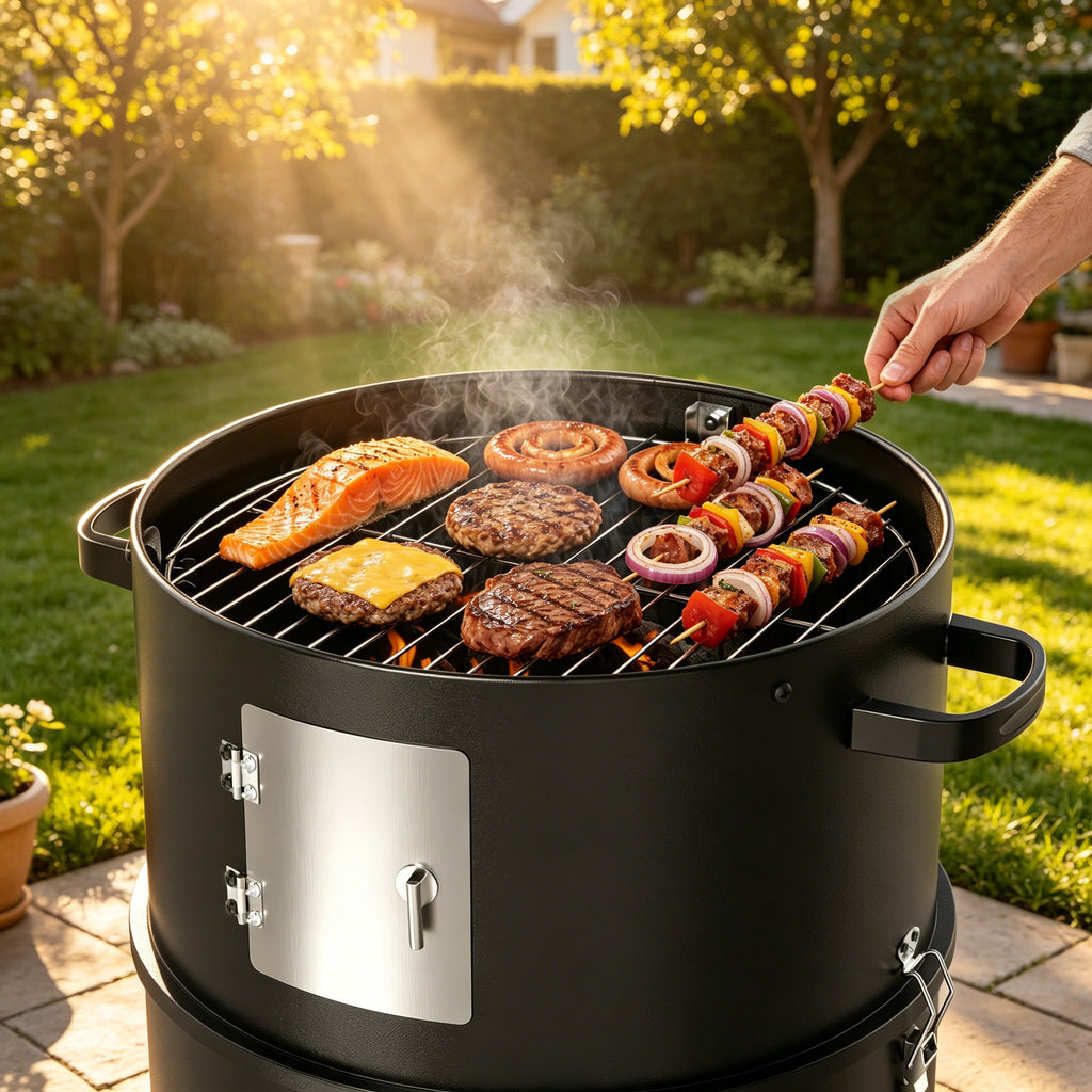 KEYO GRILL 3 in 1 Vertical Charcoal Smoker Grill BBQ Smoker, Outdoor Barbecue Pit Smoker for Backyard, Black