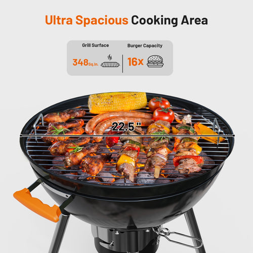 KEYO GRILL 21" Kettle Charcoal Grill with Enamel Coating, Foldable Side Table, Removable Ash Catcher, Black