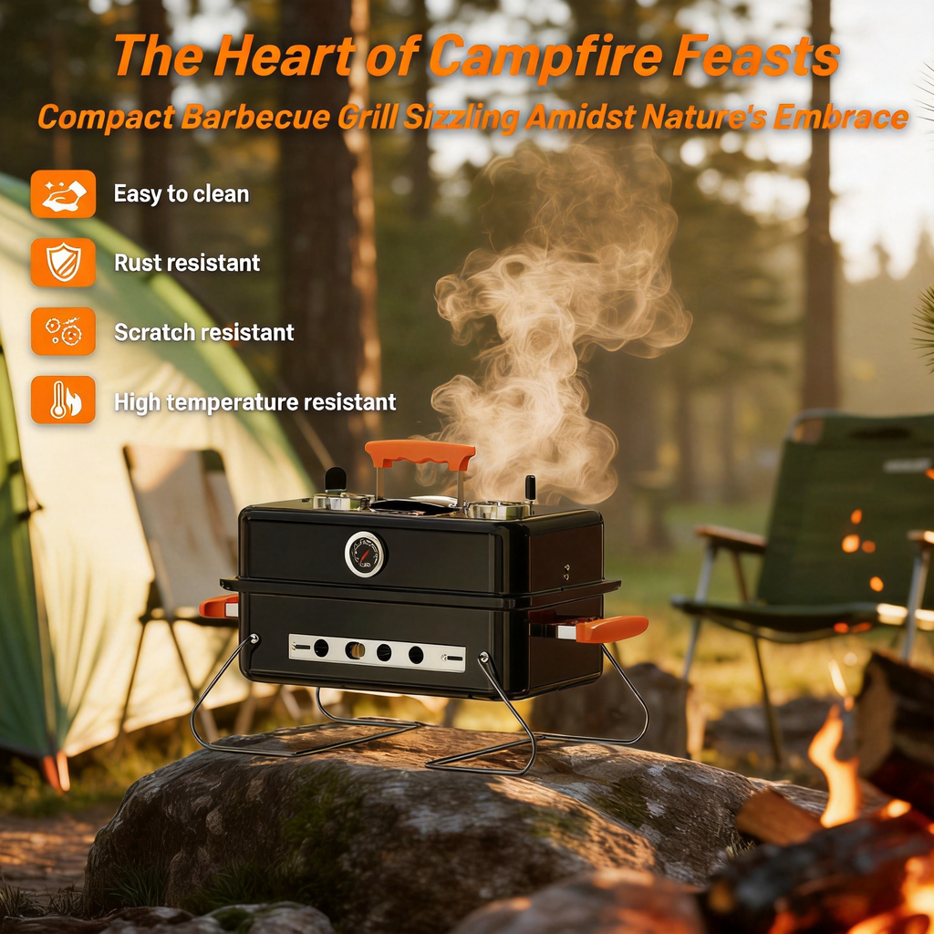 KEYO GRILL Tabletop Charcoal Grill with Thermometer & Chimney, Portable BBQ for Outdoor Camping,Black