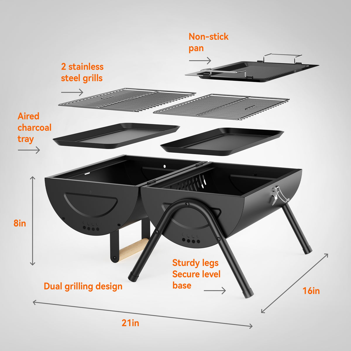 KEYO GRILL Portable Charcoal Grill, 2 IN 1 Double-Sided Small Tabletop Barbecue Grill with Enameled Baking Dish for Outdoor Camping