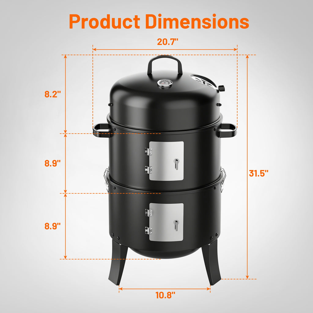 KEYO GRILL 3 in 1 Vertical Charcoal Smoker Grill BBQ Smoker, Outdoor Barbecue Pit Smoker for Backyard, Black