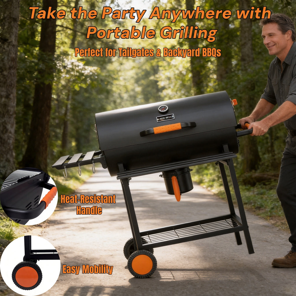 KEYO GRILL Barrel Charcoal Grill with  537 SQ in Cooking Area, Foldable Side Shelf, Removable Ash Pan for Backyard