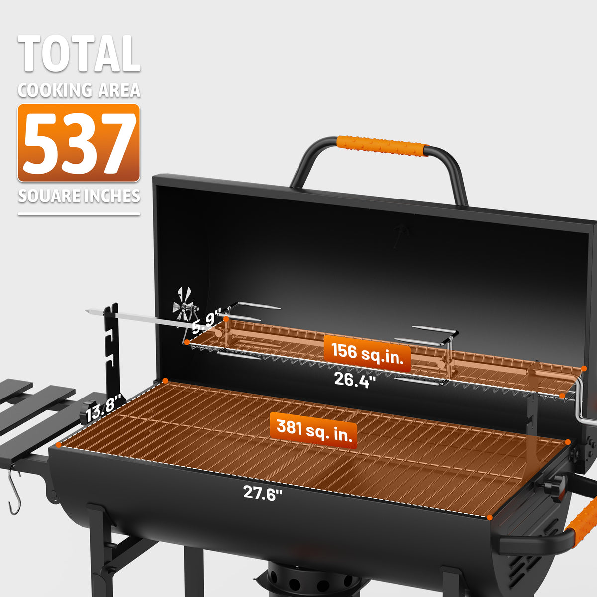KEYO GRILL Large Charcoal Grill with Foldable Table, Rotisserie & Dual-Zone Charcoal Pans, Black