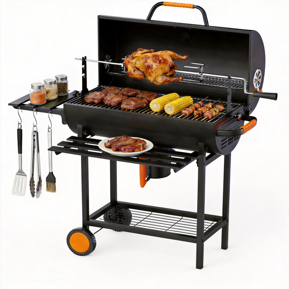KEYO GRILL Large Charcoal Grill with Foldable Table, Rotisserie & Dual-Zone Charcoal Pans, Black