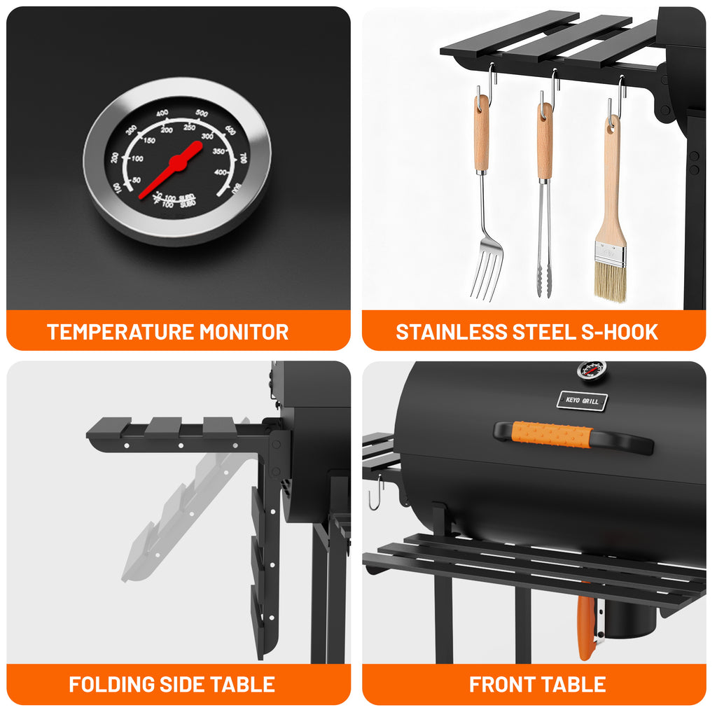 KEYO GRILL Large Charcoal Grill with Foldable Table, Rotisserie & Dual-Zone Charcoal Pans, Black