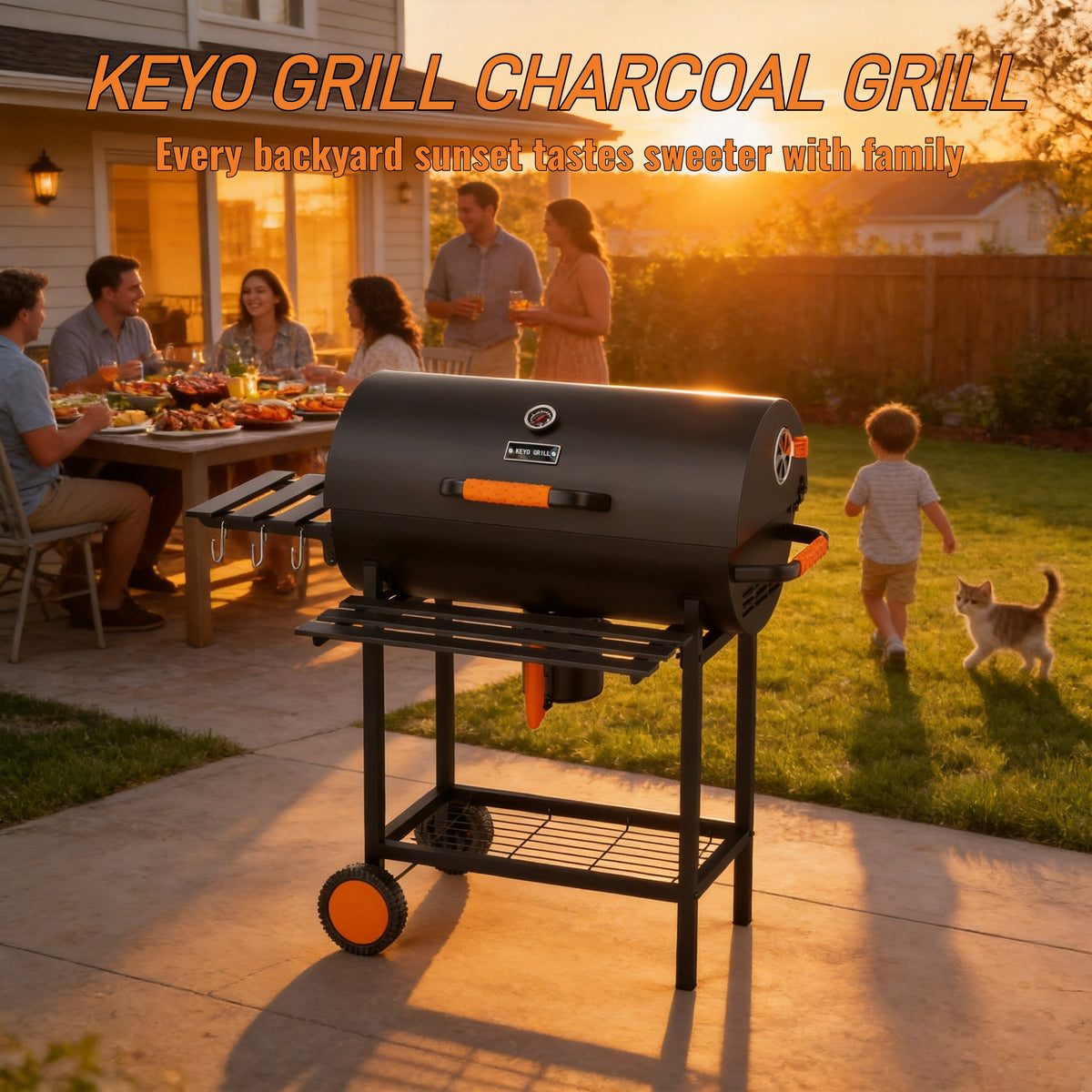 KEYO GRILL Barrel Charcoal Grill with  537 SQ in Cooking Area, Foldable Side Shelf, Removable Ash Pan for Backyard