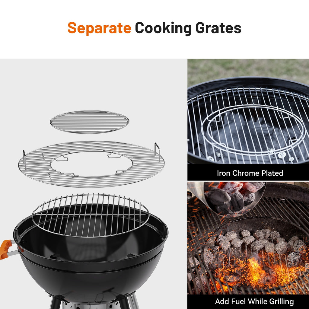 KEYO GRILL 21 in. Kettle Charcoal Grill with Removable Ash Catcher & Side Table, Thermometer, Black