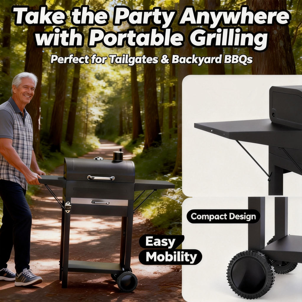 KEYO GRILL Charcoal Grill with Two Side Tables, Removable Ash Pan & Warming Rack, Black