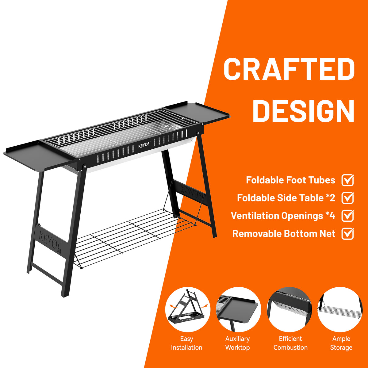KEYO GRILL 31'' Foldable Portable Charcoal BBQ Grill for Outdoor Cooking, Camping & Tailgating, Black