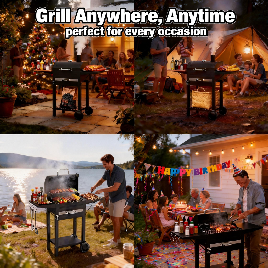 KEYO GRILL Charcoal Grill with Two Side Tables, Removable Ash Pan & Warming Rack, Black