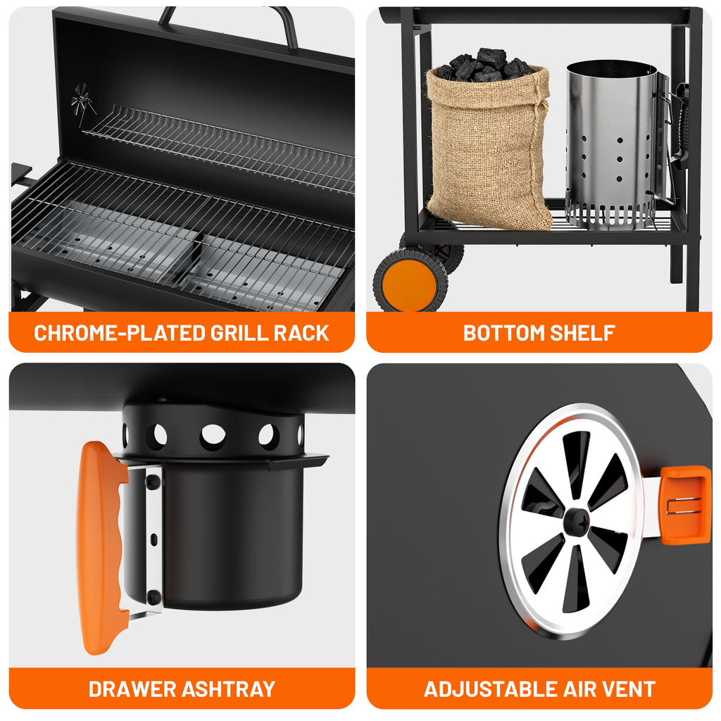 KEYO GRILL Large Charcoal Grill with Foldable Table, Rotisserie & Dual-Zone Charcoal Pans, Black
