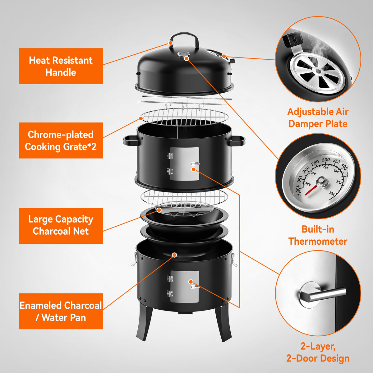 KEYO GRILL 3 in 1 Vertical Charcoal Smoker Grill BBQ Smoker, Outdoor Barbecue Pit Smoker for Backyard, Black