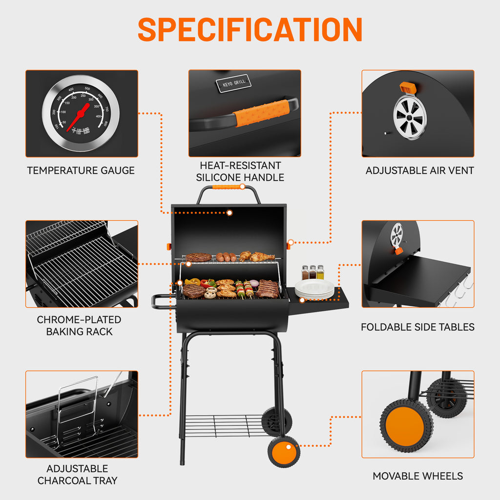 KEYO GRILL 20 Inch Barrel Charcoal Grill, Height Adjustable Charcoal Pan & Warming Rack for Backyard Patio