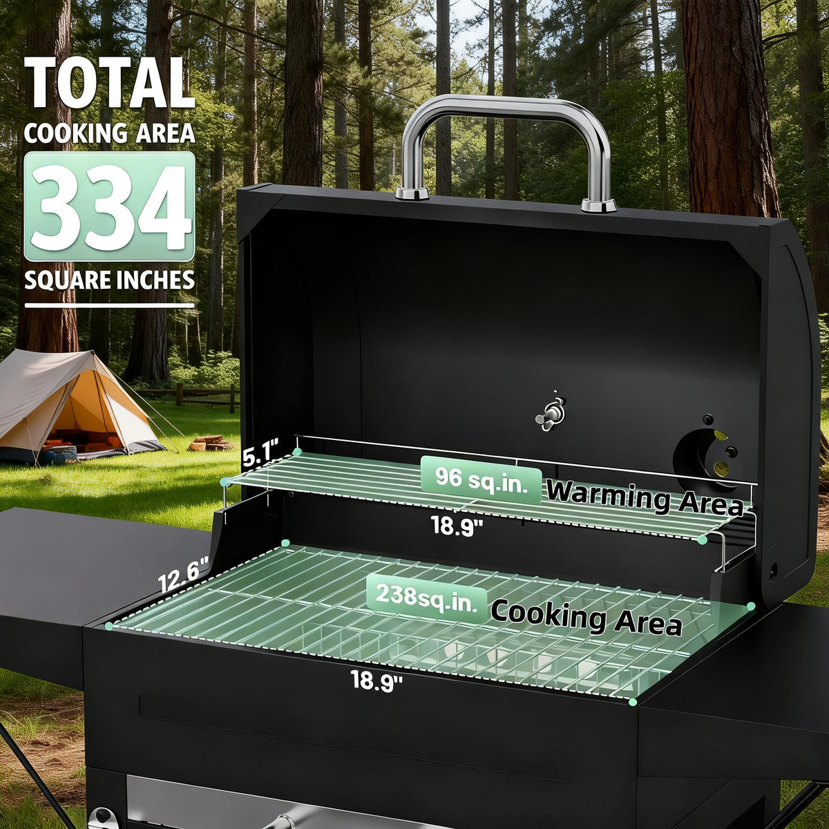 KEYO GRILL Charcoal Grill with Two Side Tables, Removable Ash Pan & Warming Rack, Black
