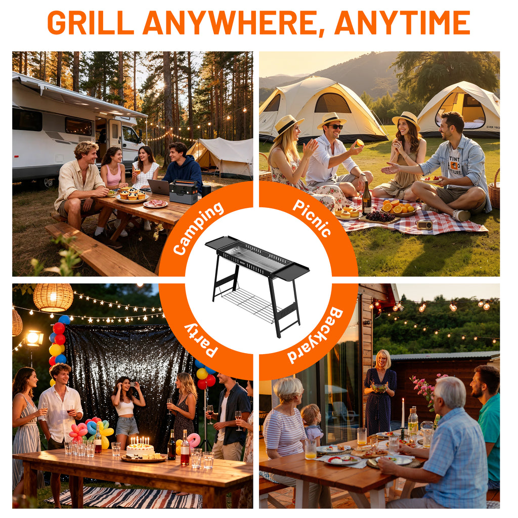 KEYO GRILL 31'' Foldable Portable Charcoal BBQ Grill for Outdoor Cooking, Camping & Tailgating, Black