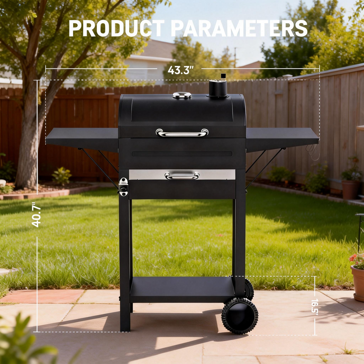 KEYO GRILL Charcoal Grill with Two Side Tables, Removable Ash Pan & Warming Rack, Black