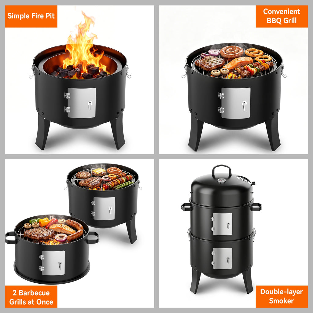 KEYO GRILL 3 in 1 Vertical Charcoal Smoker Grill BBQ Smoker, Outdoor Barbecue Pit Smoker for Backyard, Black