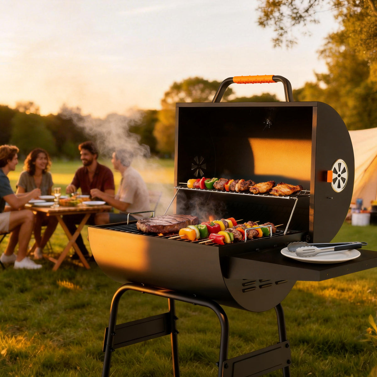 KEYO GRILL 20 Inch Barrel Charcoal Grill, Height Adjustable Charcoal Pan & Warming Rack for Backyard Patio