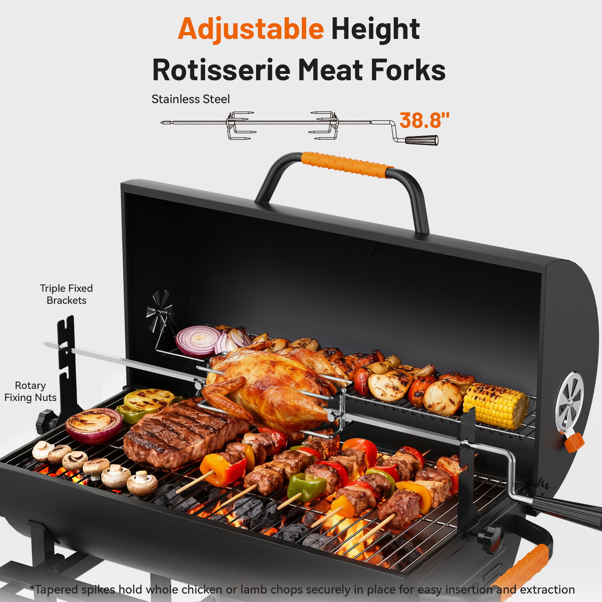 KEYO GRILL Large Charcoal Grill with Foldable Table, Rotisserie & Dual-Zone Charcoal Pans, Black