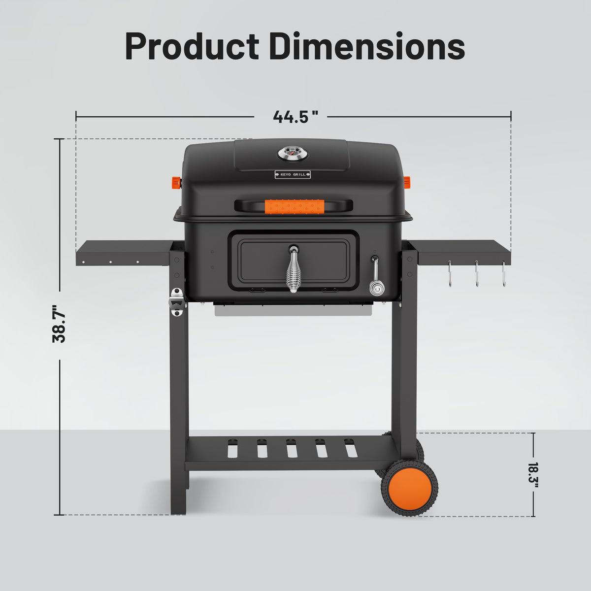 KEYO GRILL Large Charcoal Grill with Foldable Side Tables,Height-Adjustable Pan&Charcoal Door for Backyard,Black