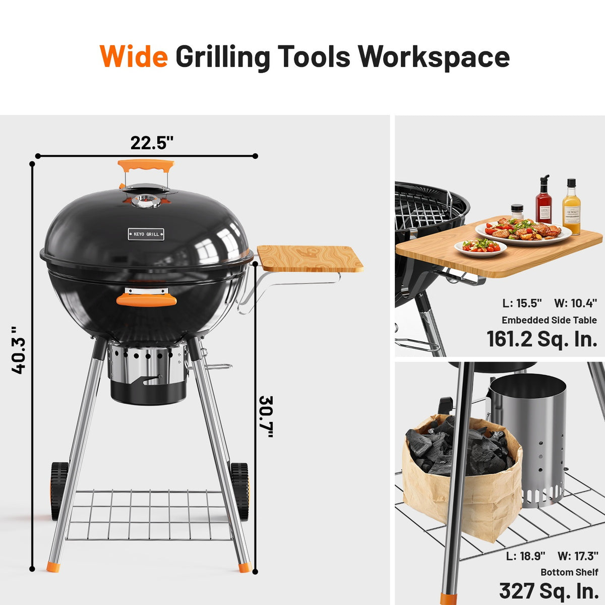 KEYO GRILL 21 in. Kettle Charcoal Grill with Removable Ash Catcher & Side Table, Thermometer, Black