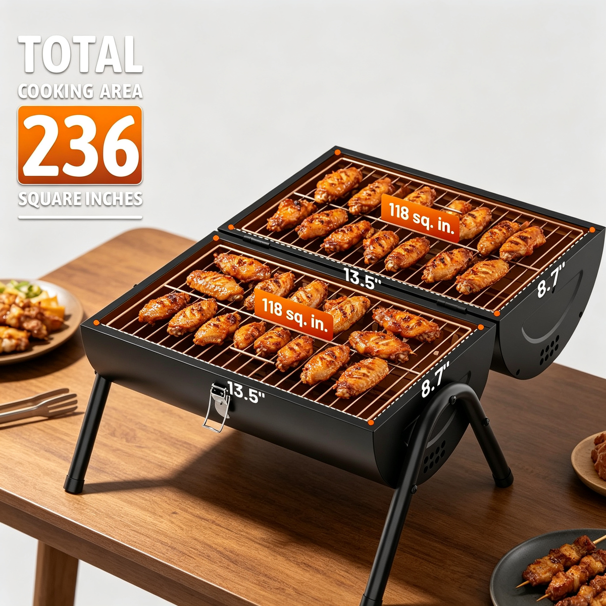 KEYO GRILL Portable Charcoal Grill, 2 IN 1 Double-Sided Small Tabletop Barbecue Grill with Enameled Baking Dish for Outdoor Camping