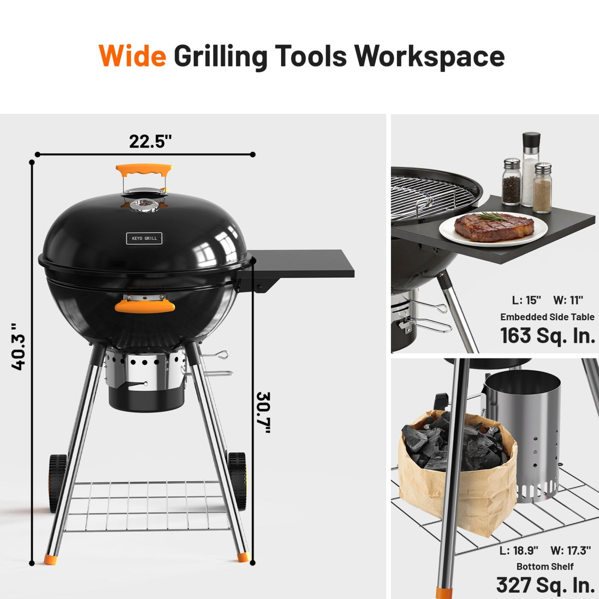 KEYO GRILL 21" Kettle Charcoal Grill with Enamel Coating, Foldable Side Table, Removable Ash Catcher, Black