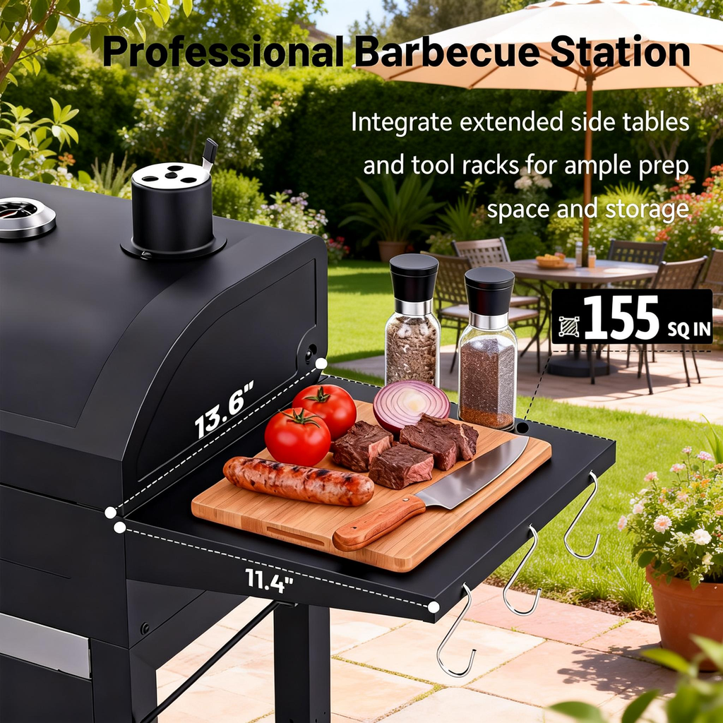 KEYO GRILL Charcoal Grill with Two Side Tables, Removable Ash Pan & Warming Rack, Black