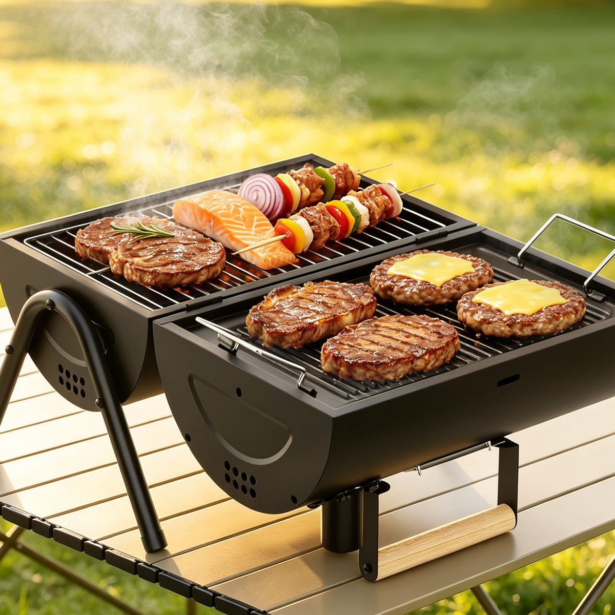 KEYO GRILL Portable Charcoal Grill, 2 IN 1 Double-Sided Small Tabletop Barbecue Grill with Enameled Baking Dish for Outdoor Camping