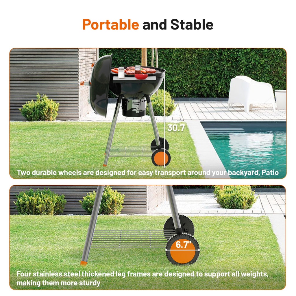 KEYO GRILL 21" Kettle Charcoal Grill with Enamel Coating, Foldable Side Table, Removable Ash Catcher, Black