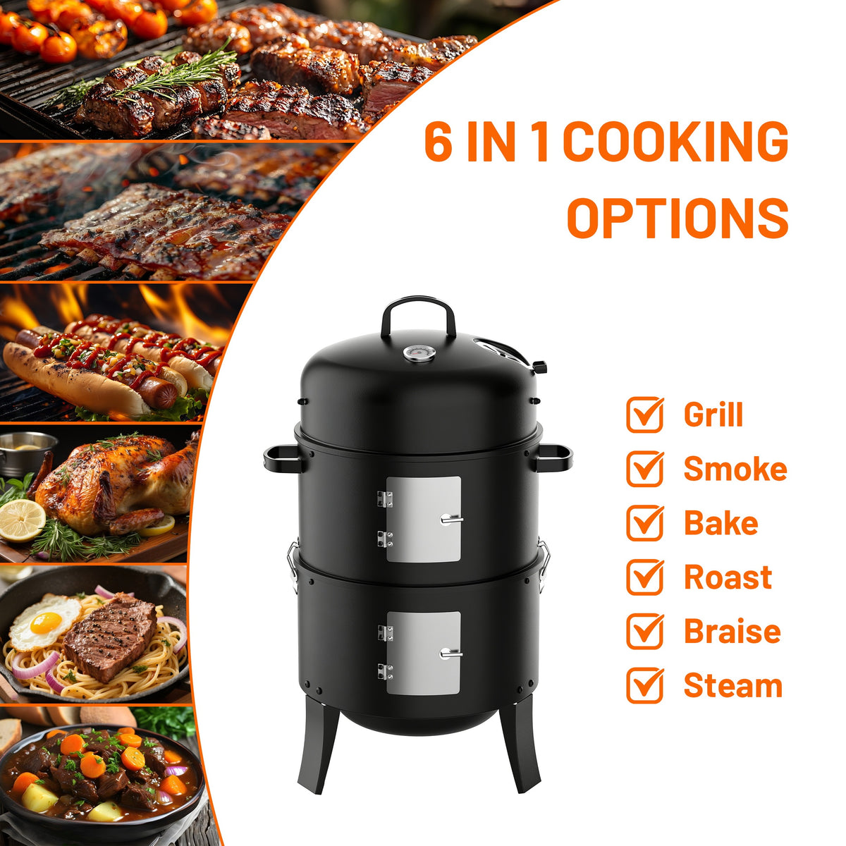 KEYO GRILL 3 in 1 Vertical Charcoal Smoker Grill BBQ Smoker, Outdoor Barbecue Pit Smoker for Backyard, Black