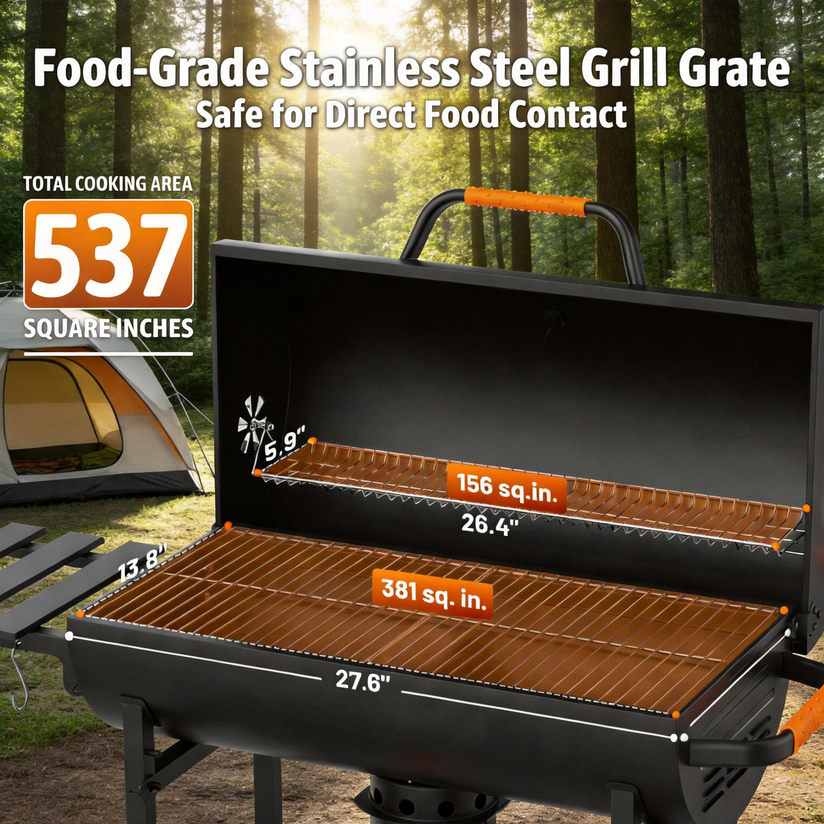 KEYO GRILL Barrel Charcoal Grill with  537 SQ in Cooking Area, Foldable Side Shelf, Removable Ash Pan for Backyard