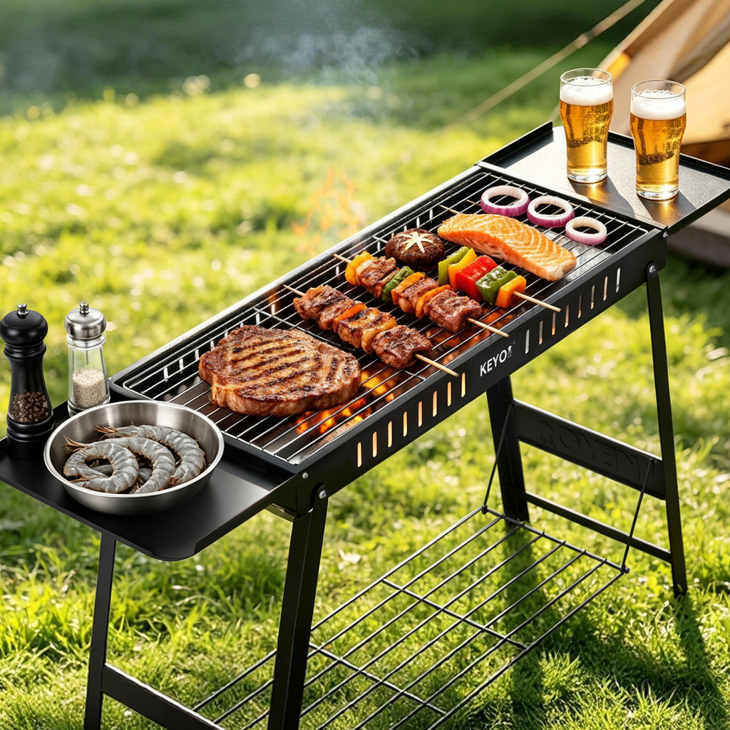 KEYO GRILL 31'' Foldable Portable Charcoal BBQ Grill for Outdoor Cooking, Camping & Tailgating, Black